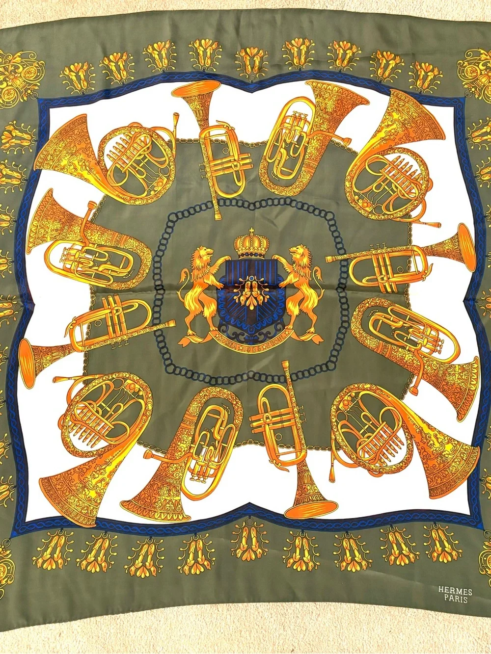 Hermes Olive Green, Gold & Blue Musical Instrument Silk Scarf